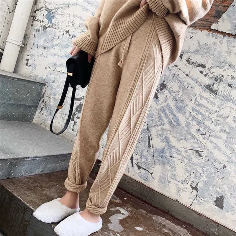Znbbw And Winter New Loose-fitting Trousers Women's Fashion Trend Korean Knitted Twist Stripe Solid Color Harem Pants - Image 7