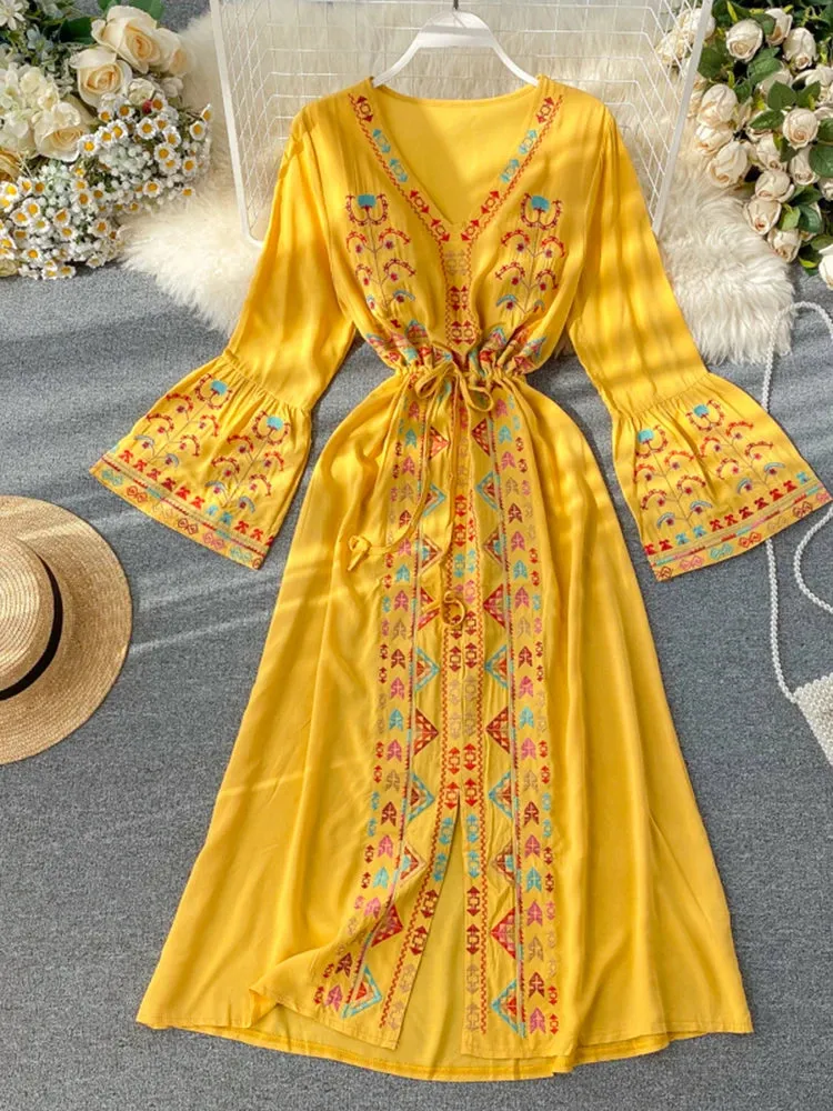 Znbbw Women's Dress Heavy Industry Embroidery V-neck Drawstring Trumpet Sleeves Ethnic Style Thin Waist Long Dresses LL040 - Image 7