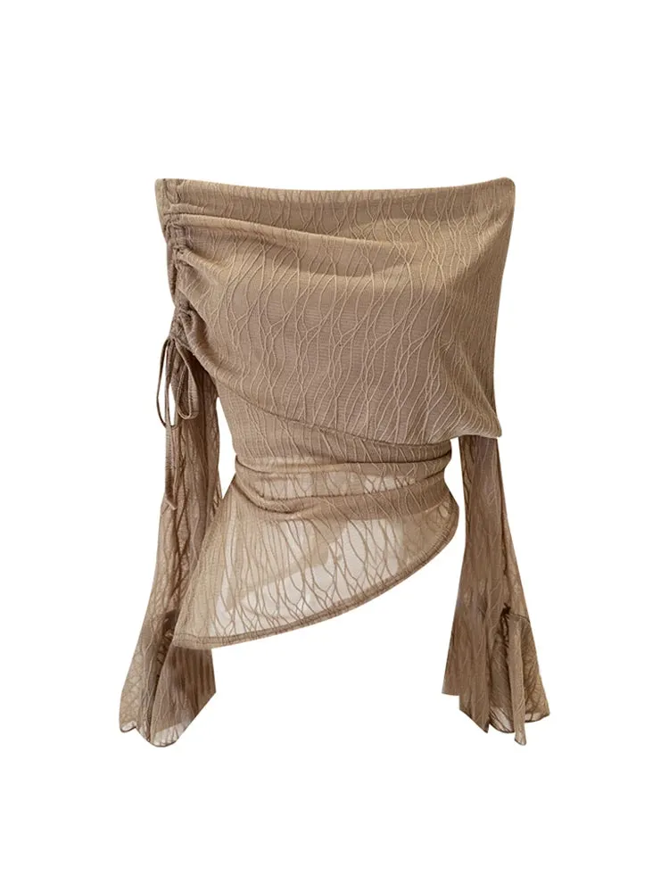 Znbbw Women's Khaki Slash Neck T-shirt Harajuku Korean Y2k Tee Top 2000s Clothes Aesthetic Fashion Long Sleeve Vintage T-shirts Autumn - Image 2