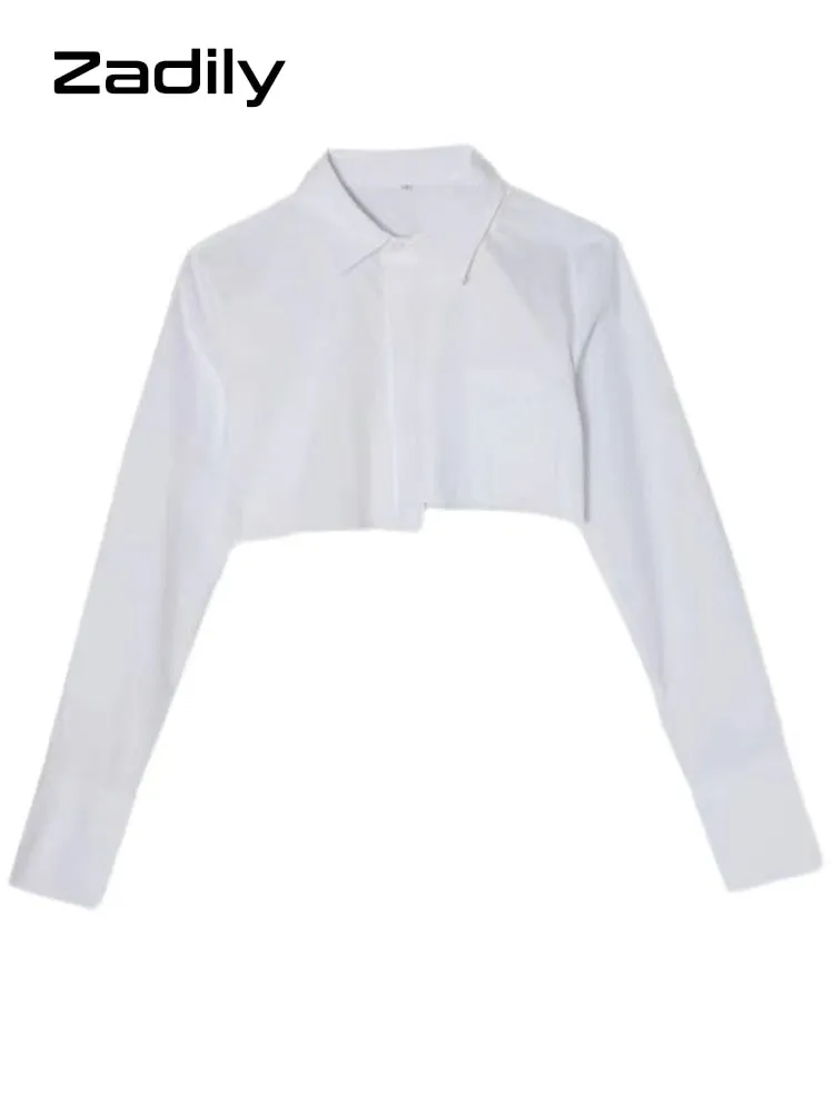 znbbw 2023 Summer Y2K Asymmetrical Long Sleeve White Shirt Women Sexy Button Slim Crop Tops Blouse Streetwear Female Clothing - Image 4