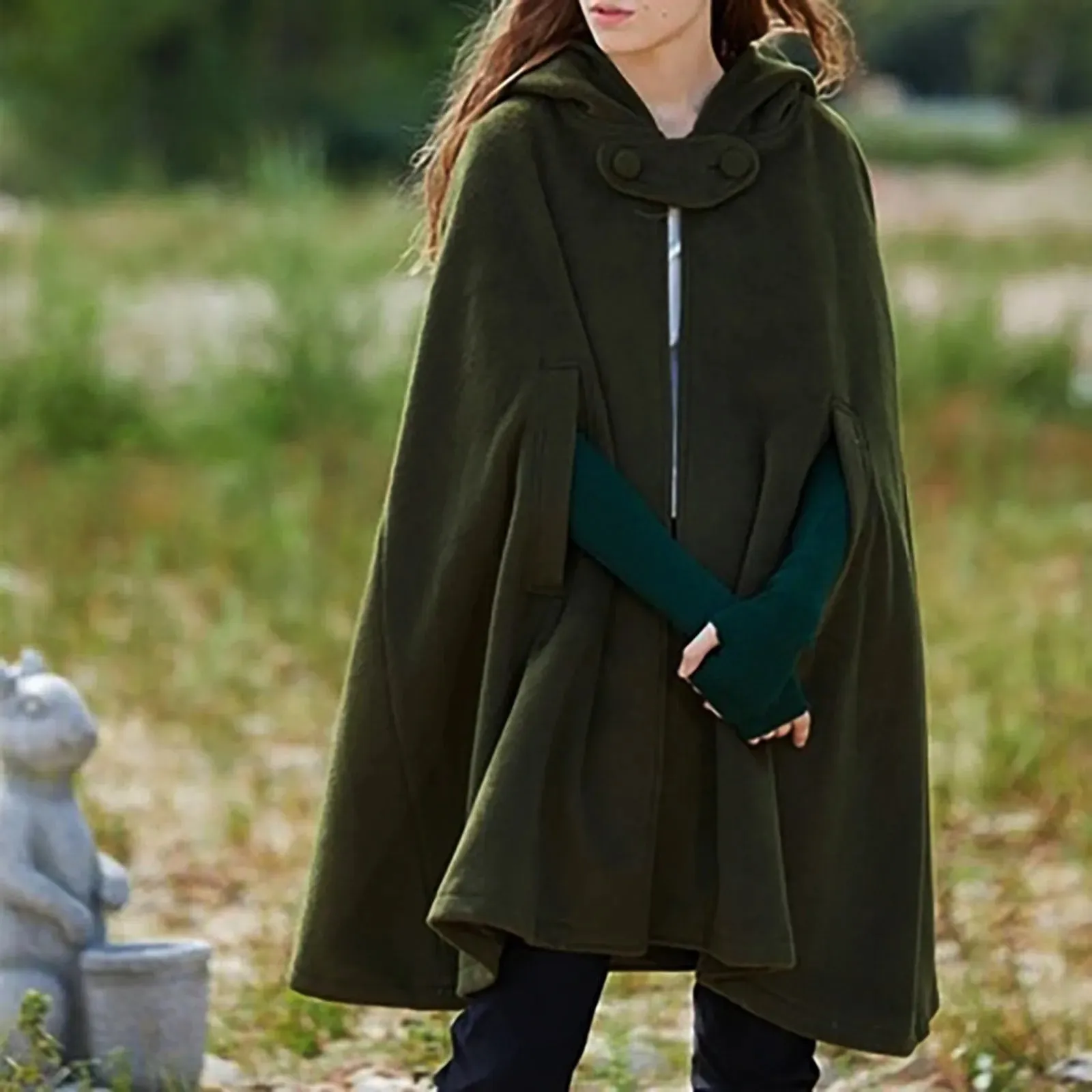 Znbbw Women Hooded Medium Cape Winter Vintage Overcoat Fashion Button Cloak Woolen Coat Womens Fall Jackets And Coats for Work
