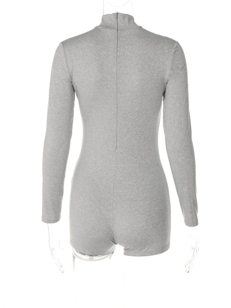 znbbw Autumn Solid Bodycon Romper Casual Outfit For Women 2023 Long Sleeve O Neck One Pieces Female Grey Fashion Playsuit - Image 4