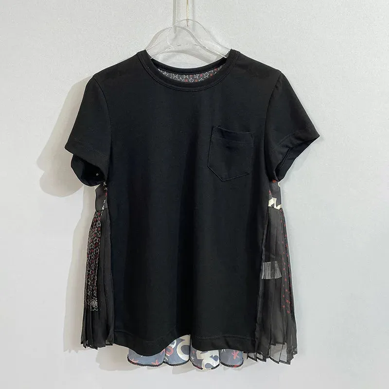 Znbbw 2024 Summer Pleated Printed Tees O Neck Short-sleeved Y2k Tops Loose Casual Ropa Mujer Hit Color Fake Two T Shirt - Image 2