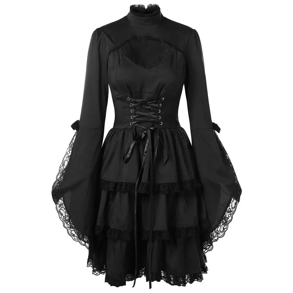 Znbbw Women Medieval Renaissance Bandage Black Dress Elegant Tunic Party Dress Ladies Flare Sleeve Lace Trim Cosplay Mini Dress - Image 7
