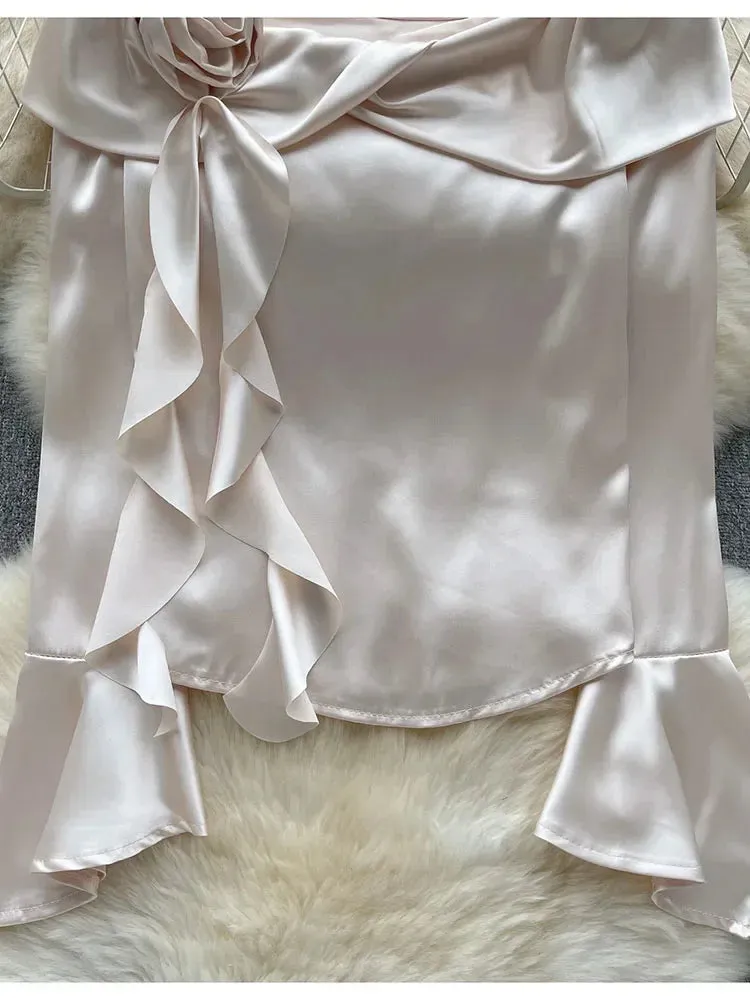 Znbbw Women Spring Blouse Satin Shirt with Exquisite Temperament Unique Top Spicy Girl Three-dimensional Flower Shoulder Shirt D5297 - Image 5