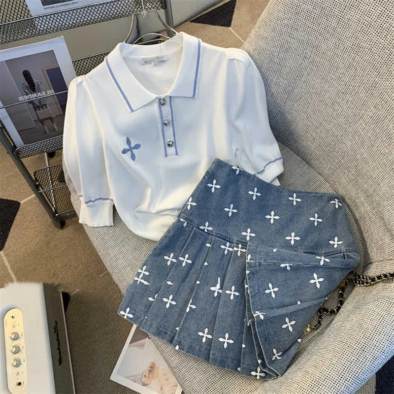 znbbw Women High Quality Summer 2-piece Set O-Neck Black Short Sleeve Knit Tops+Blue Printed Denim Mini Skirt Suit Female Outfits - Image 2