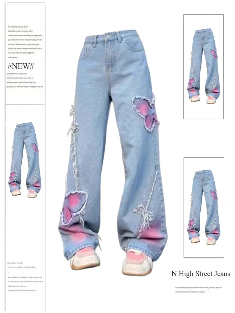 Znbbw Women's Blue Butterfly Jeans Baggy Vintage Y2k Denim Trousers 2000s Harajuku Wide Leg Cowboy Pants Trashy 90s Aesthetic Clothes