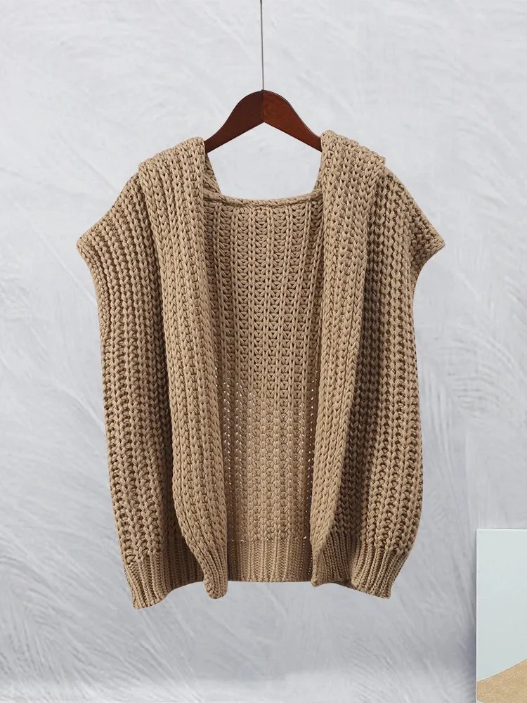 Znbbw Women Fashion Solid Hooded Sweater Vest Elegant Sleeveless Loose Knitting Cardigan 2023 Autumn Office Ladies Commute Streetwear - Image 4
