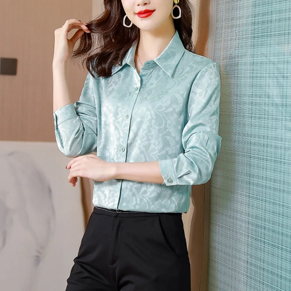 Znbbw Women Shirts And Blouses Fashion Chic Jacquard Blouse Elegant Office Lady OL Soft Draped Satin Shirt Casual Basic Tops Women - Image 3