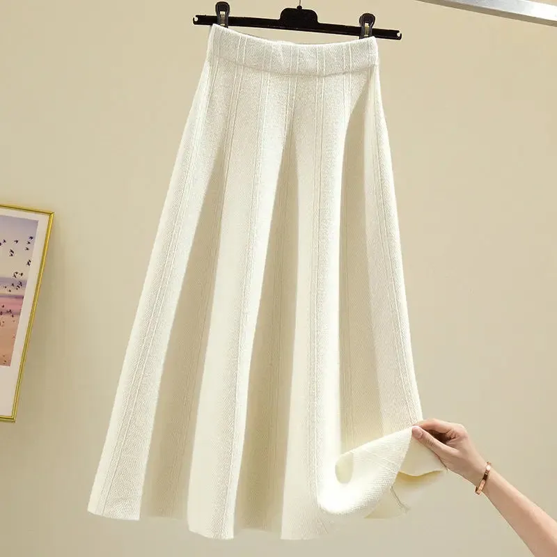 Znbbw autumn and winter new style western skirt mid-length solid color striped big swing knitted sweater skirt women - Image 4