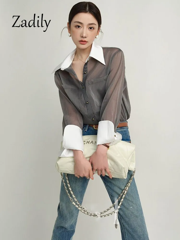 znbbw 2023 Summer Korea Style Long Sleeve Sheer Women Shirt Office Lady Loose Button Up Patchwork Woman Blouse Work Female Tops - Image 3