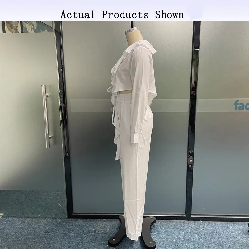 Znbbw Women Two Piece Set Autumn Fashion Solid V Neck Long Sleeves Ruffled Top Casual Loose With Pockets Pants Sets Streetwear - Image 5