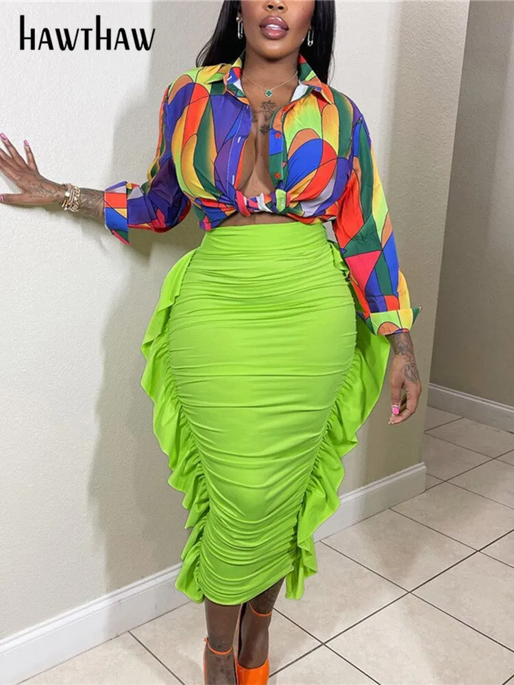 Znbbw Women Fashion Streetwear High Waisted Pleated Green Pencil Midi Skirt 2023 Summer Clothes Wholesale Items For Business - Image 2