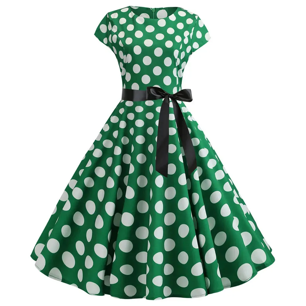 Znbbw Women Vintage 1950s 60s Polka Dot Print High Waist A-line Swing Party Dress Retro Short Sleeve With Belt Evening Prom Dress - Image 4