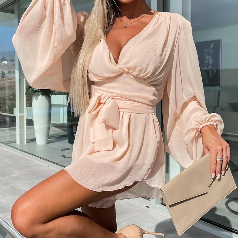 znbbw 2023 Summer Tie-Up Thin Beach Outfits Sexy Deep-V Long Sleeve Tops + Shorts Suit Women Elegant Solid Ruffle Two Piece Set - Image 8