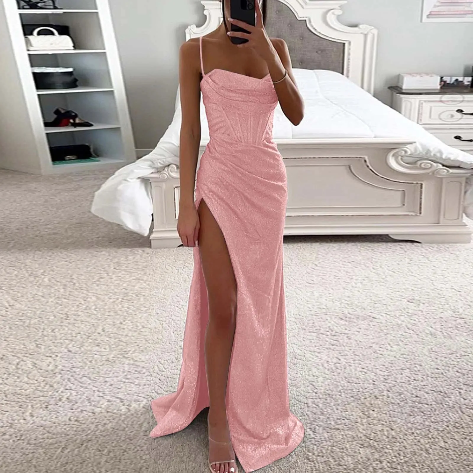 Znbbw Gentle Light Blue Long Evening Prom Dress Women Sexy Sequins High Slits Spaghetti Straps Dress Female Graduation Gowns - Image 2