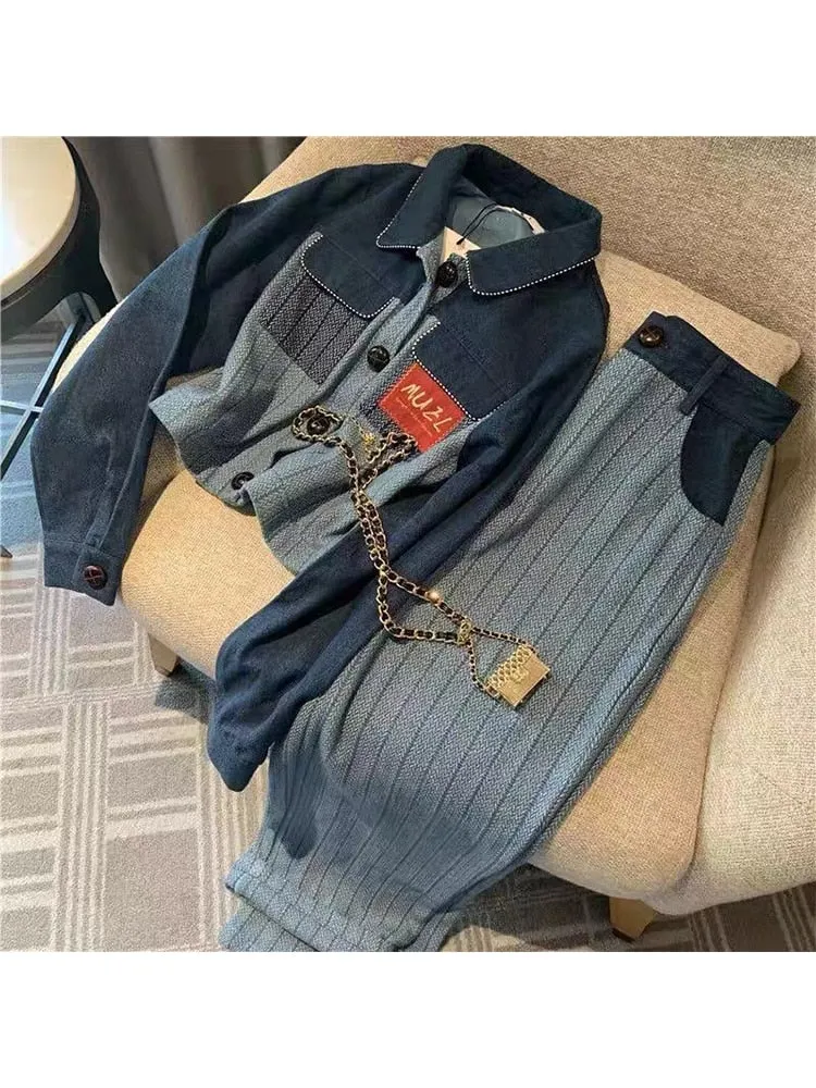 znbbw Women Two-piece Pant Set Imitation Denim Jacket + Wide Leg Long Trousers Casual High Street Fashion Office Lady Autumn 2023 - Image 3