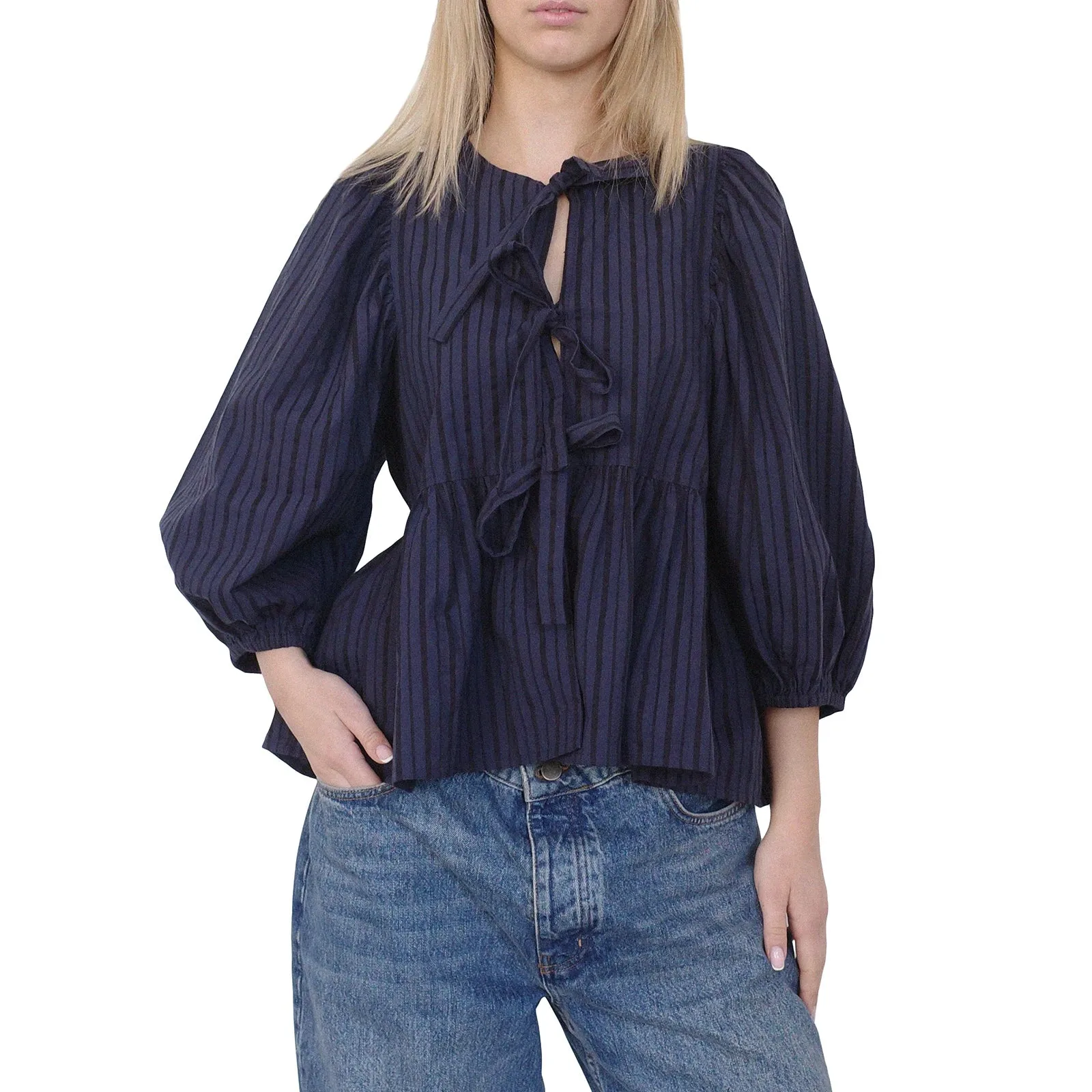 Znbbw Women y2k Puff Short Sleeve Shirts Tie Front Ruffle Hem Loose Office Blouse Tops Teen Girls Lace up Cute Summer Kawaii Tops - Image 14