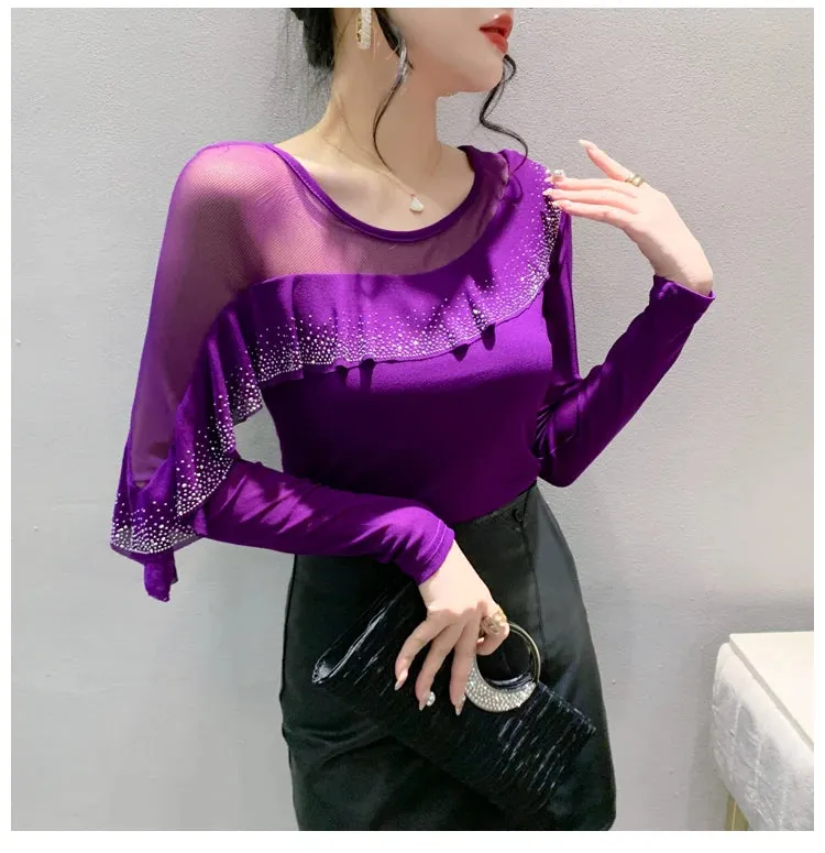 Znbbw Autumn Ringstones Ruffles Long Sleeve Mesh T-shirt Tee New Female Round Collar Sheath Tops T-shirts for women - Image 6
