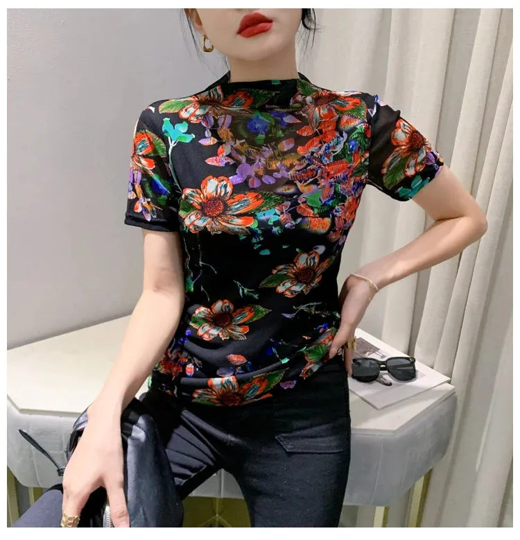 Znbbw Autumn Mesh Tshirts Women Short Sleeve Half Turtleneck Printed Floral Tees Girls Slim Elastic T Shirts Tops BH3878 - Image 5