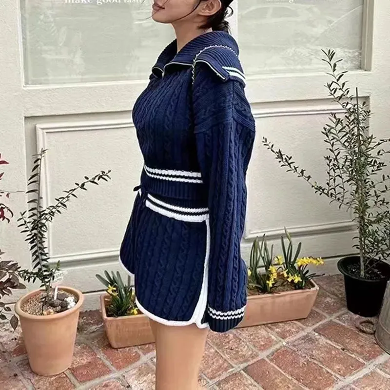 Znbbw Women Twist Knit 2 Piece Set Korean Fashion Zipper Loose Long Sleeve Tops Casual All Match Female High Waist Shorts Sets - Image 4