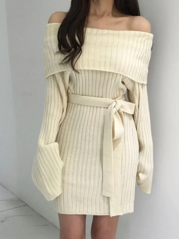 Znbbw Women's Korean Autumn Dress Elegant Temperament One-word Neck Off-shoulder Design Lace Waist Long-sleeved Knitted Dress D1794 - Image 3