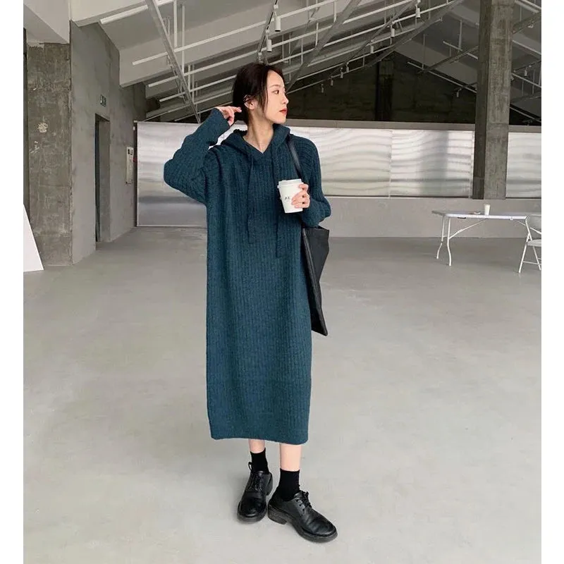 Znbbw Hooded Knitted Dress Women Solid Oversized Midi Dresses Winter Korean Elegant Thicken Loose Casual All Match Vestidos - Image 6