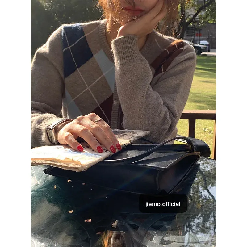 Znbbw Autumn And Winter Fashion Ladies New Knitted Cardigan Loose Korean Retro Round Neck Plaid Sweater Women's All-match Blouse - Image 4