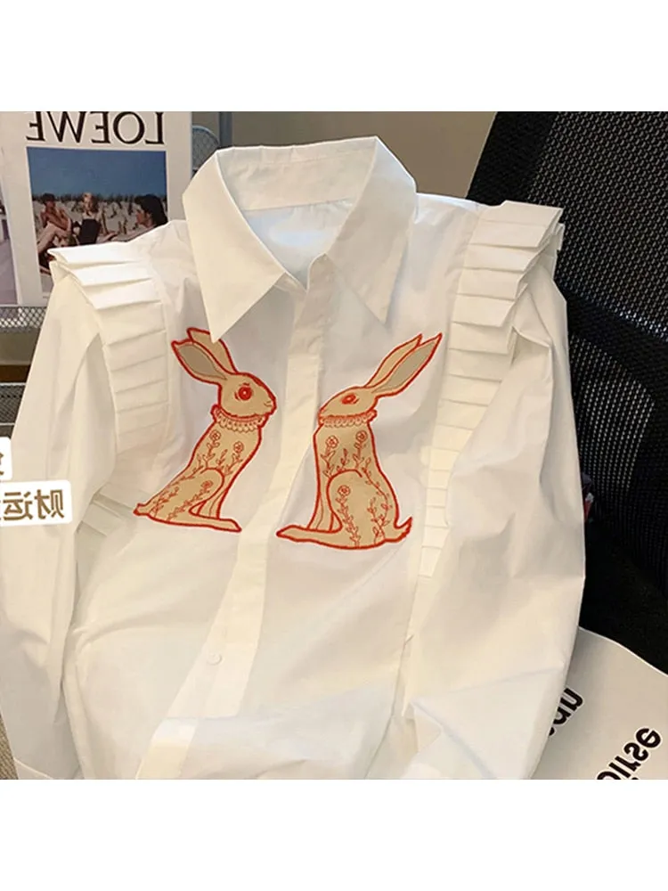 znbbw Women Vintage Rabbit Printed Shirt Single Breasted Streetwear Sweet Chic Fashion Oversized Loose Female Lovely Blouses Tops - Image 4