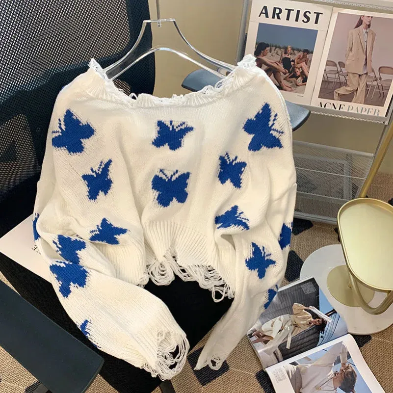 Znbbw Women Korean Fashion Graphic Butterfly Knitted Sweater Woman Sweet Oversized Cropped Tops Off Shoulder Casual Loose Jumper - Image 2