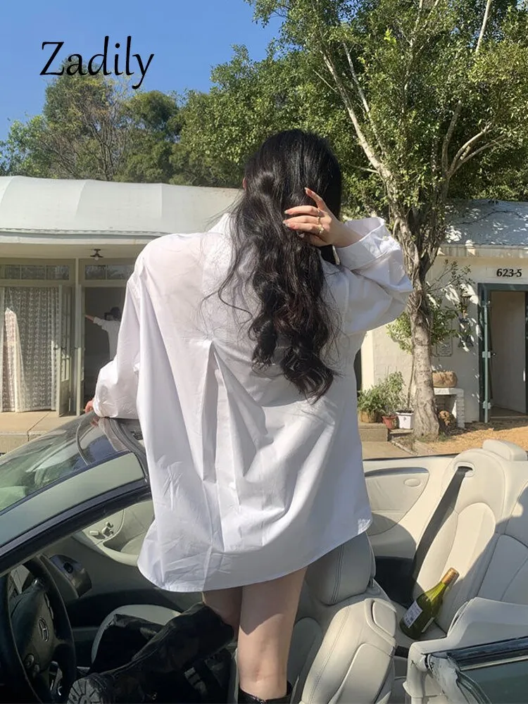 znbbw 2023 Spring Korea Style Full Sleeve Women Long White Shirt Oversize Button Up Pocket Ladies Blouse Casual Female Clothing - Image 6