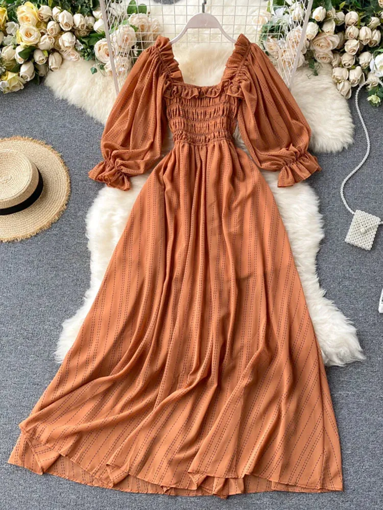 Znbbw Women's Dress New Square Collar Wooden Ear Bubble Sleeve Dress Korean Style Waist Slim Chiffon Female Dresses LL087