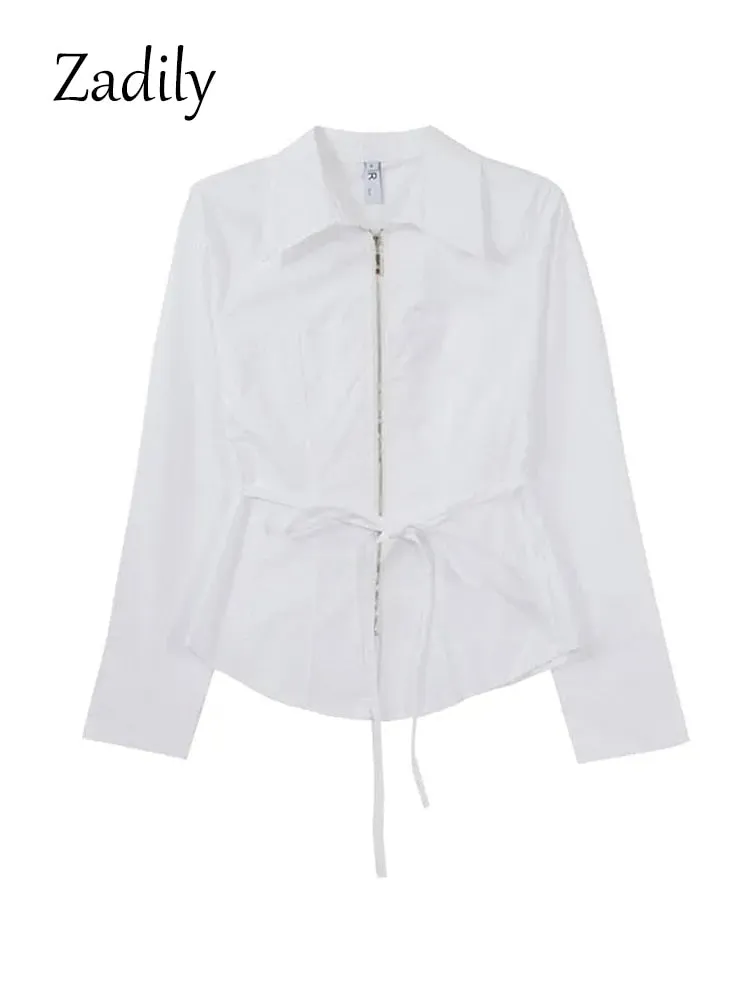 znbbw 2023 Spring Korea Style Long Sleeve Women White Shirt Y2K Slim Zipper Bandage Woman Blouse Streetwear Female Clothing Top - Image 5