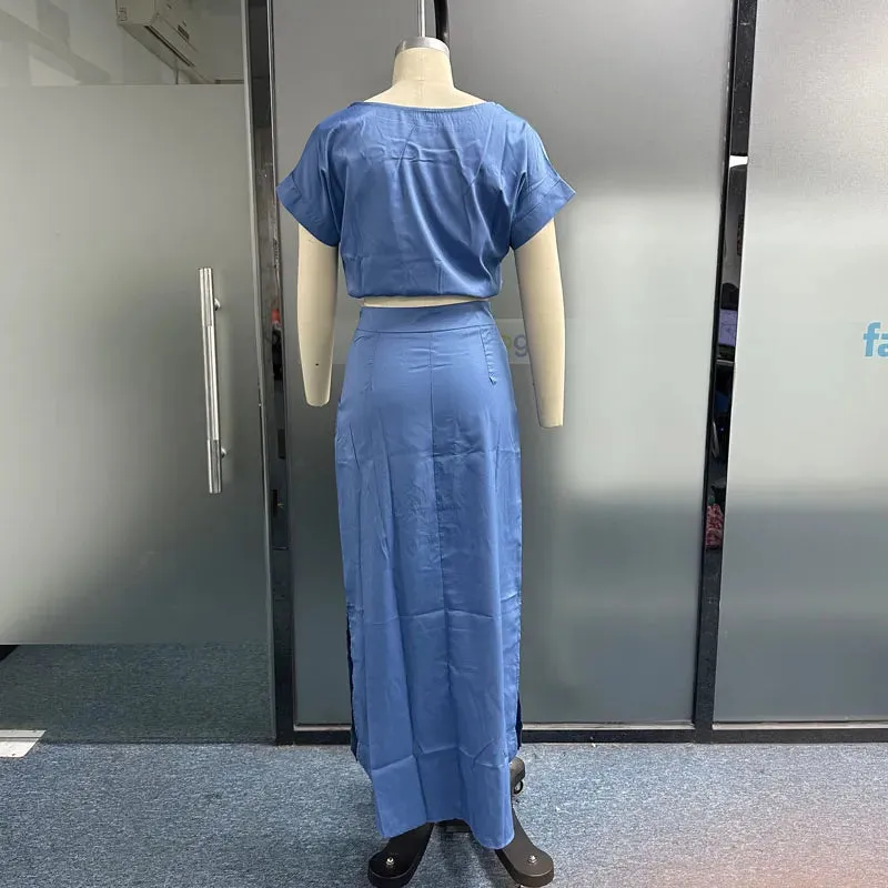 Znbbw Women Two Piece Set Fashion Solid Short Sleeve Crew Neck Top Casual High Waist With Pockets Skirt Sets High Streetwear - Image 6