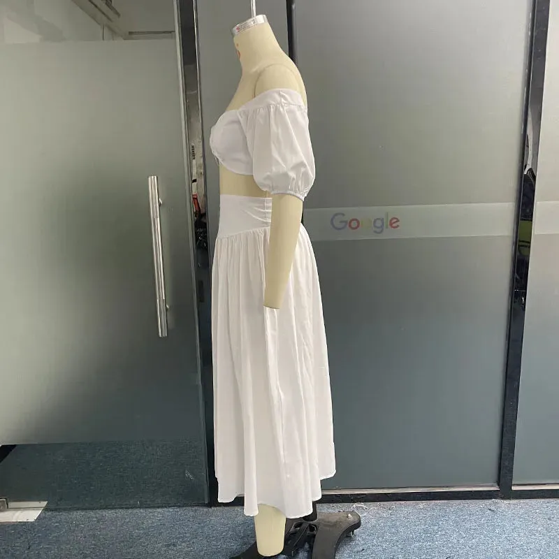 Znbbw Women Two Piece Set Summer Fashion Sexy Solid One Shoulder Top Casual Loose High Waist Pleated Slit Skirt Sets Streetwear - Image 5