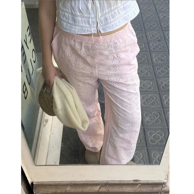 Znbbw Women Summer Kawaii Y2K Eyelet Embroidery Wide Leg Pants Elastic High Waisted Palazzo Loungewear Pants Causal Loose Trousers