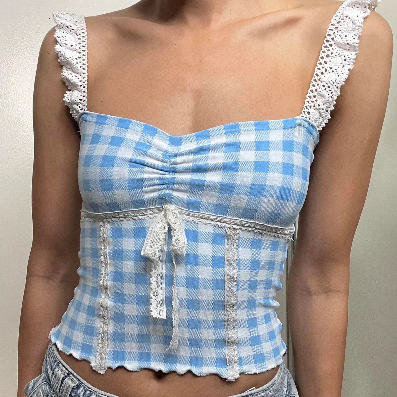 Znbbw Women Y2K Crop Top Cute Bow Lace Strap Camis Aesthetic Fairycore Vest Chic Retro Plaid Backless Milkmaid Tops 2000s Vintage 0410 - Image 2