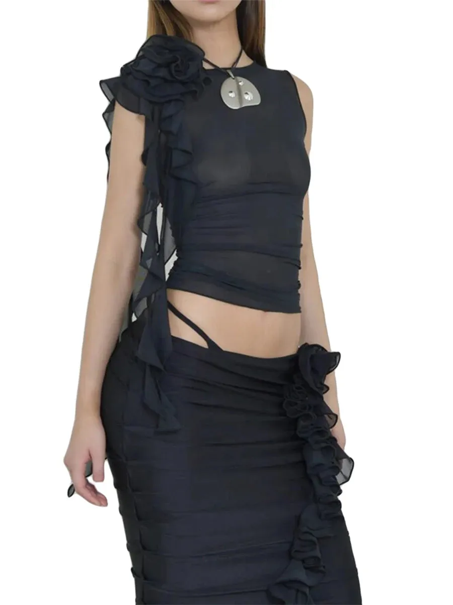 Znbbw Women Sexy Tassel Ruffle Tanks Top Y2k Sleeveless Mesh See-Through Slim Crop Cami Summer 3D Flower Sleeveless Shirt Streetwear - Image 10