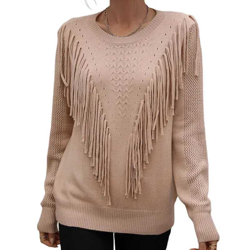 Znbbw Women Sweaters Tassels Autumn 2023 Solid Color Knitwear Long Sleeve Round Neck Fringe Decoration Hole Cutout Loose Sweater Tops - Image 3