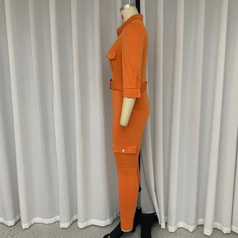 Znbbw Women Jumpsuit Autumn Office Lapel Half Sleeve Romper Solid Color Bodycon Overalls High Streetwear With Belt&Pocket - Image 5
