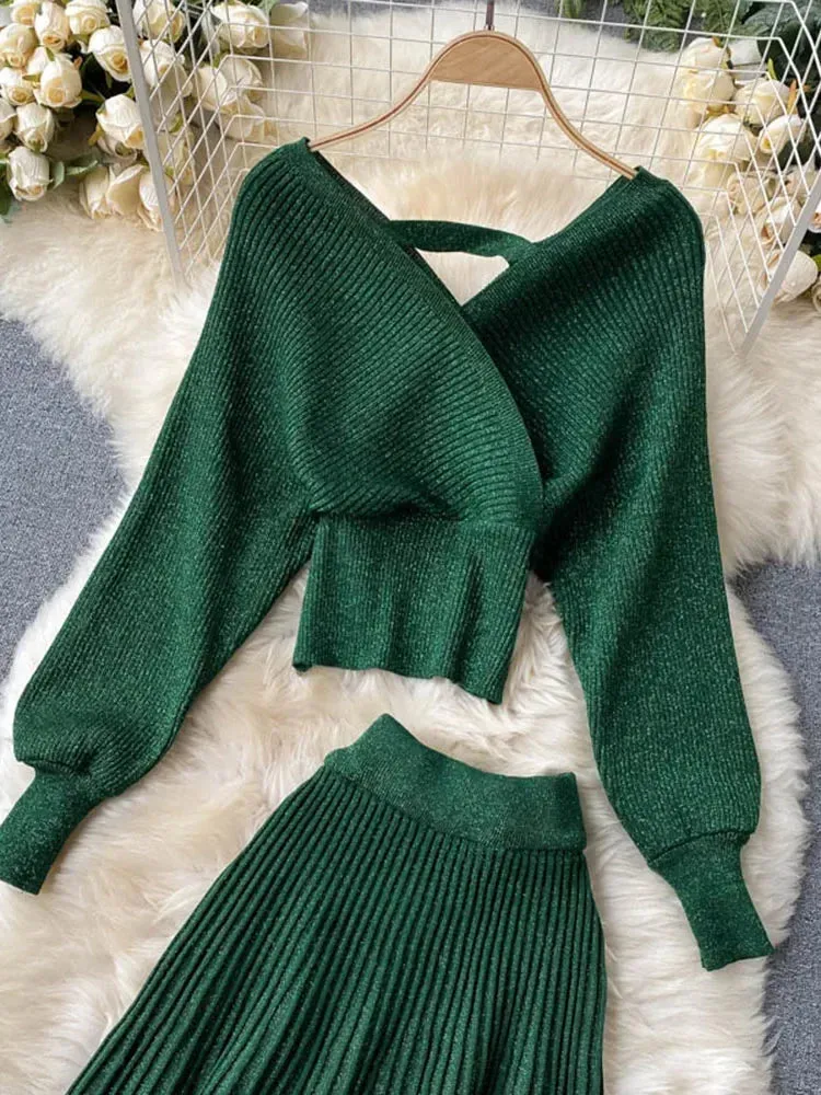 Znbbw Women Korean New Style Cross V-neck Puff Sleeve Short Waist Top + Elastic High Waist Pleated Skirt Knitting Two Piece D039 - Image 2