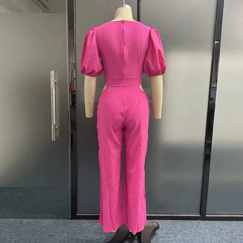 Znbbw Women Jumpsuit Puff Sleeves V Neck Lace Up Nipped Waist Hollow Out Loose Wide Legs Casual Pants Romper High Streetwear - Image 4