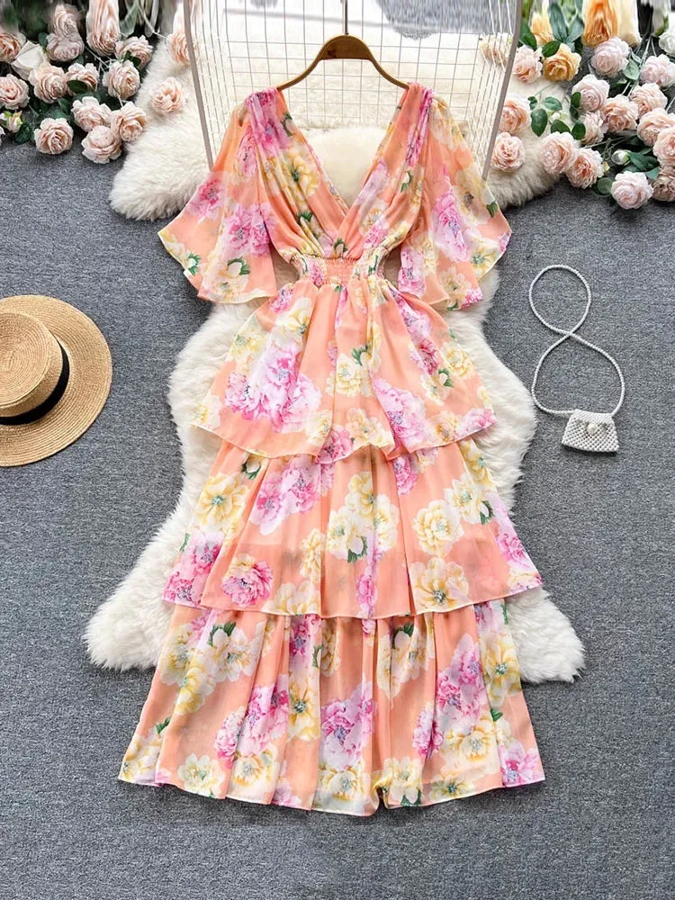 Znbbw Women Summer Dress New Style Gentle Style Short Sleeve V-neck Printed Waist Closing Cake Dress Sweet Fairy Vestidos D2548 - Image 2