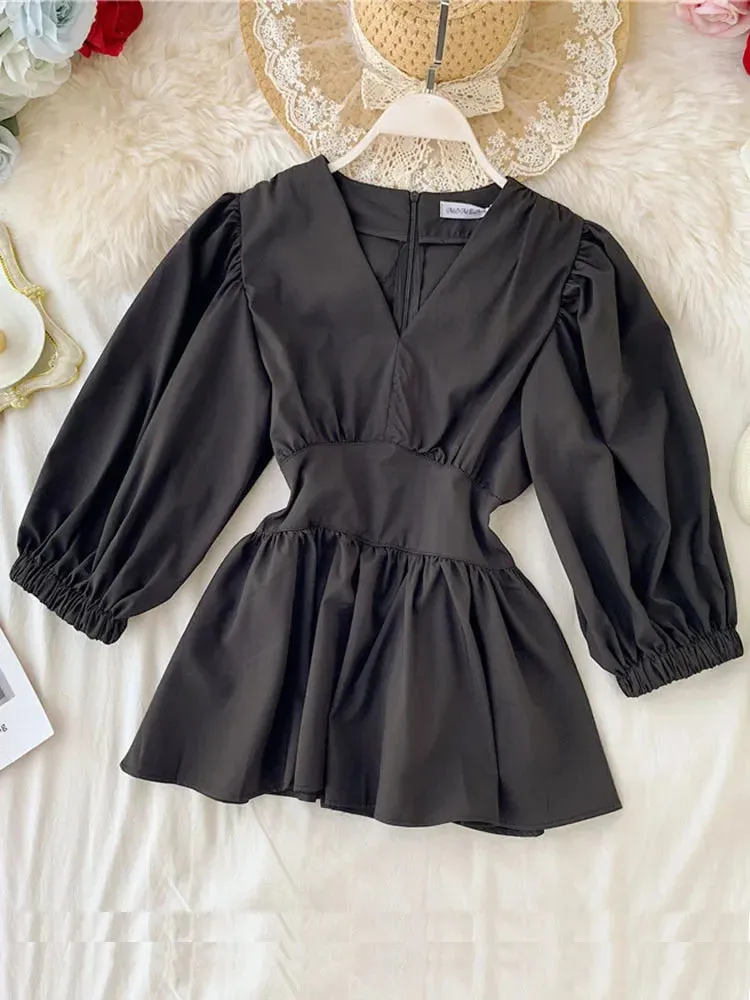 Znbbw Women's V-neck Shirt Spring Summer Temperament Lady Style Was Thin Waist Full Shirt Tide Solid Puff Sleeve Tops Blouses ML564 - Image 5