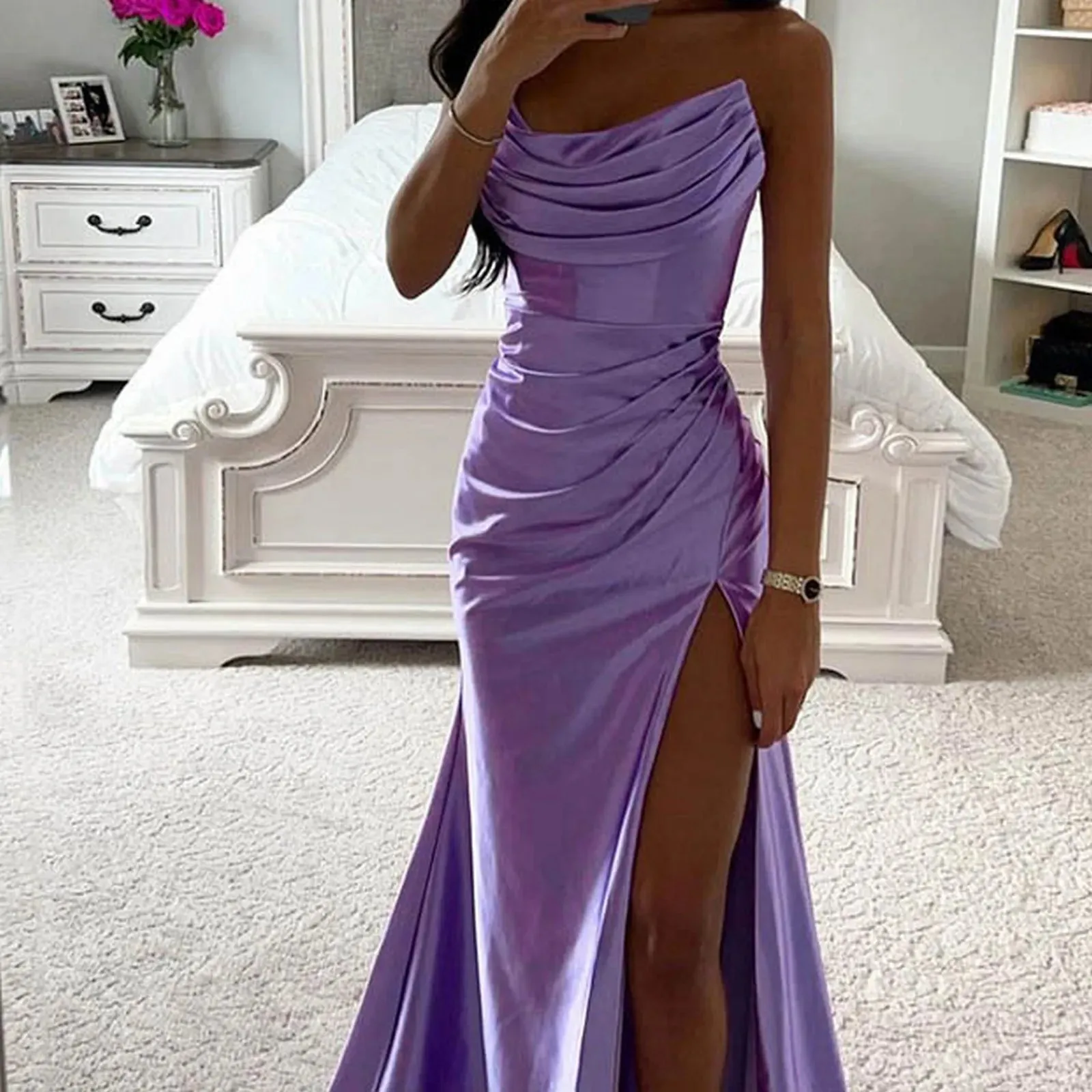 Znbbw Backless Satin Banquet Prom Dress Women Summer Elegant Off Shoulder Ruched Bodycon Evening Party Dress Female Pink Vestidos - Image 3