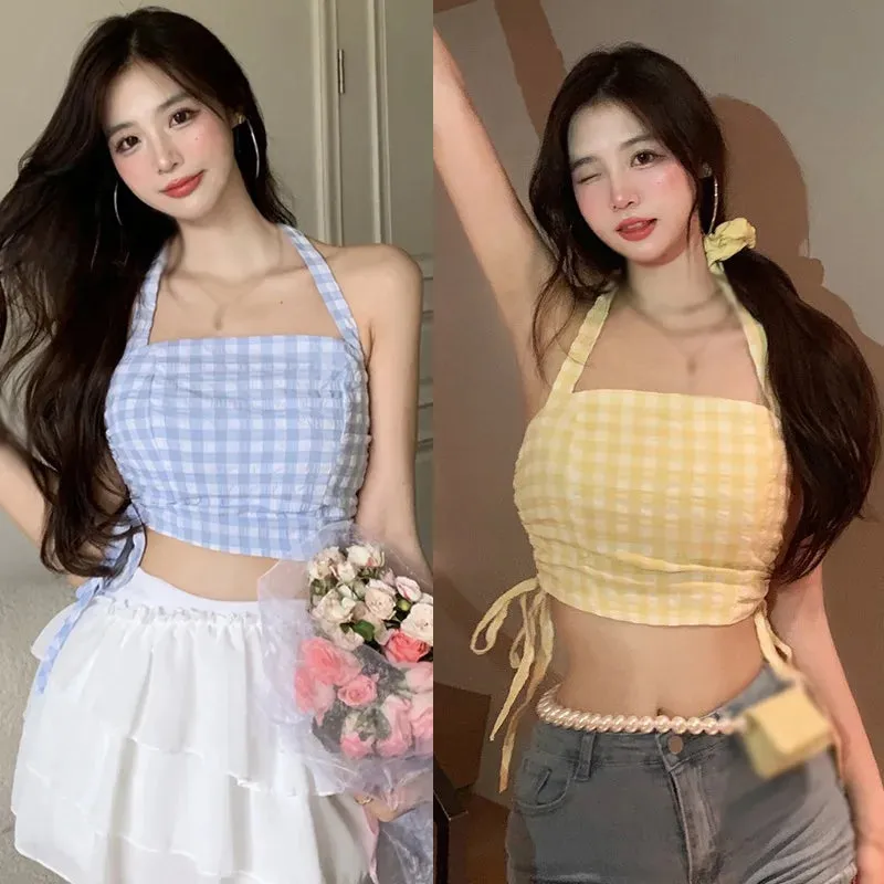 Znbbw Women's Plaid Tank Top With Lace Up Slim Fitting Navel Exposed Tank Top - Image 4