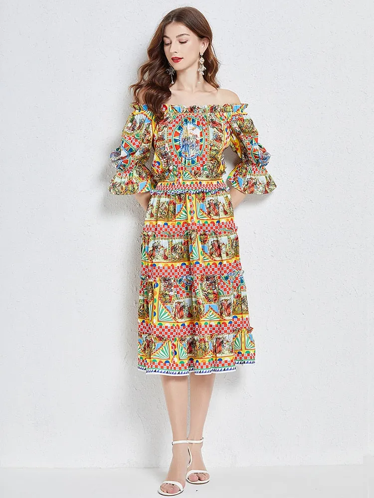 Znbbw 2023 Summer Runway Women Slash Neck Flare Sleeve Elastic Waist Flowers Figure Print Elegant Beach Midi Dresses N253 - Image 3