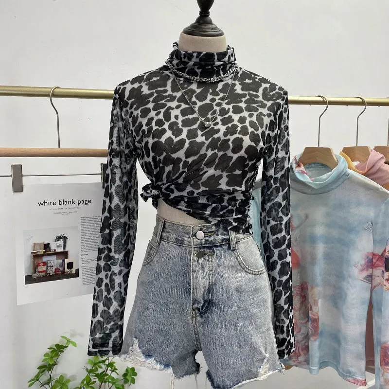 Znbbw Autumn Single-Layer Mesh Base T Shirt Girls Printed Full Sleeve Turtleneck Tees Slim Women See Through Tshirts - Image 7