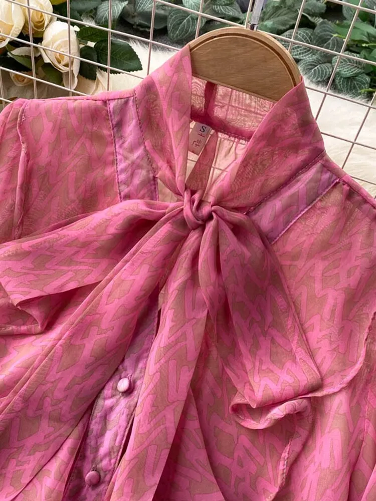 Znbbw Women's Spring New Blouse Sweet Pure V-neck Bow Puff Sleeve Fashion Printing Loose Versatile Chiffon Shirt D0139 - Image 3