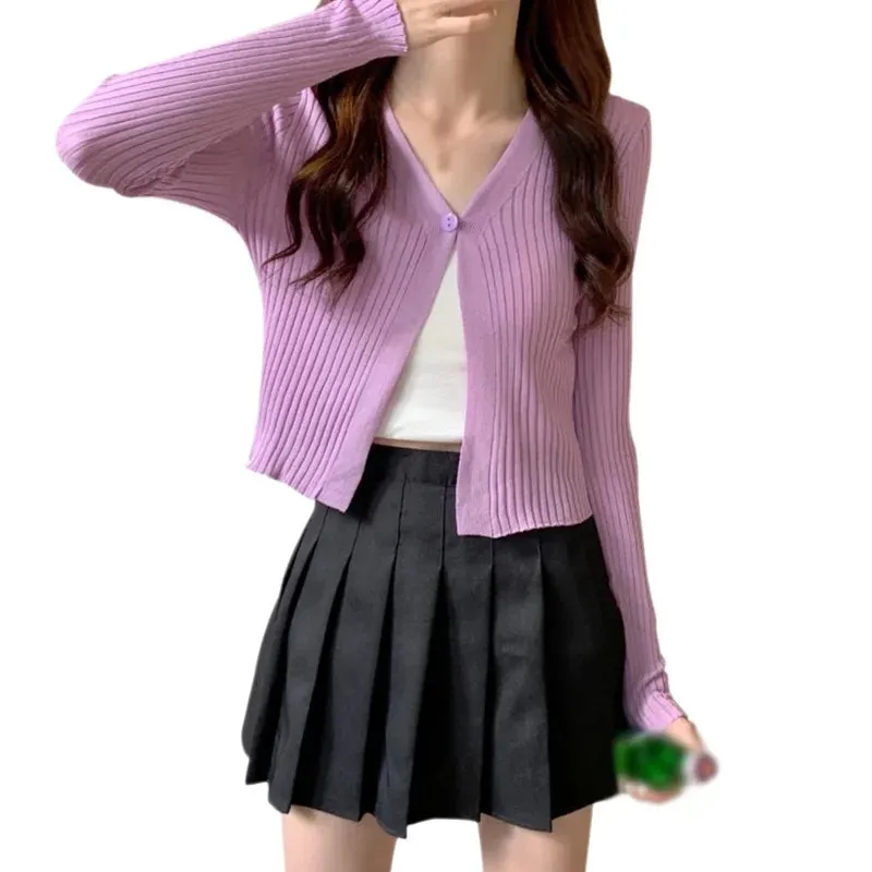 Znbbw Women Korean V Neck Solid Colour Button up Casual Long Sleeves Knitted Cardigan T-shirt - Image 9